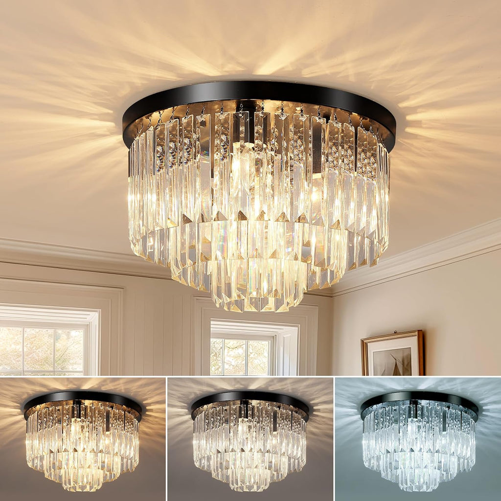 16" Black Crystal Chandelier Ceiling Light, Flush Mount 5-Lights 3-Tier K9 Crystal Round Chandelier Light for Dining