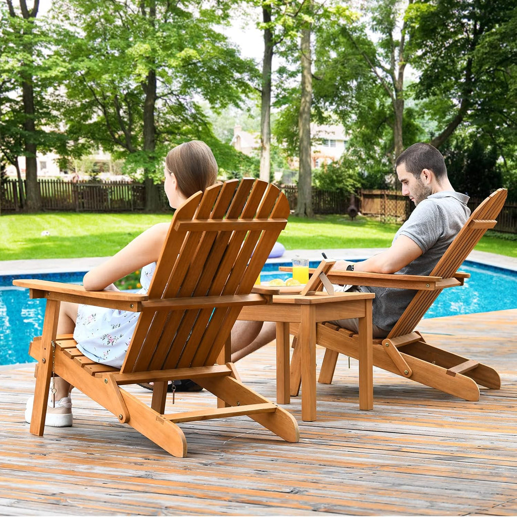 3 Pieces Adirondack Chair Set, Outdoor Wood Furniture Set with 2 Folding Lounge Chairs & Side Table, Widened Armrest