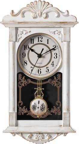 Vintage Grandfather Wood-Looking Plastic Pendulum Decorative Battery-Operated Wall Clock Brown, for Office, Home Decor, Living Room, Kitchen, or Dining Room, White A134-B09NP6FGB9