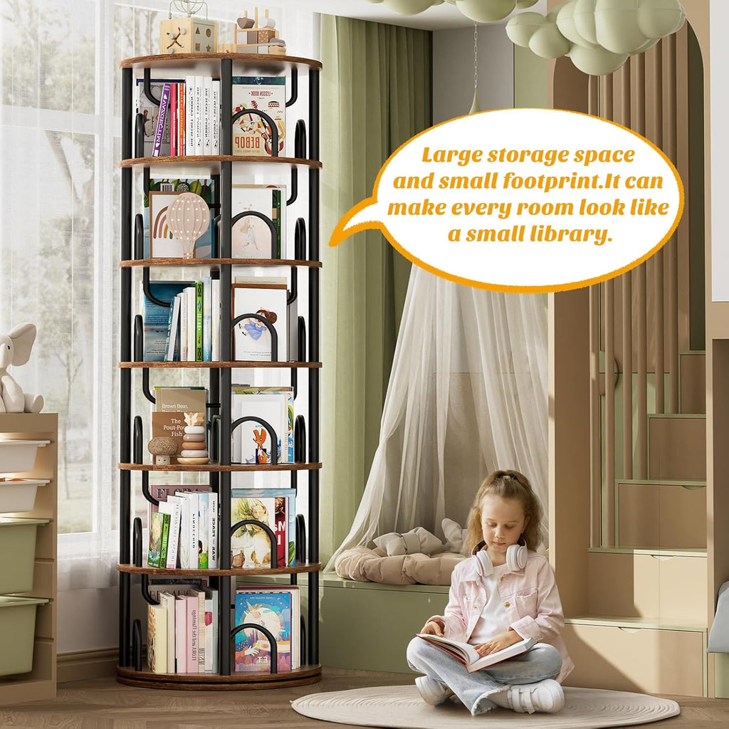 6 Tier Rotating Bookshelf Tower, Revolving Bookcase, 360° Round Spinning Book Shelf