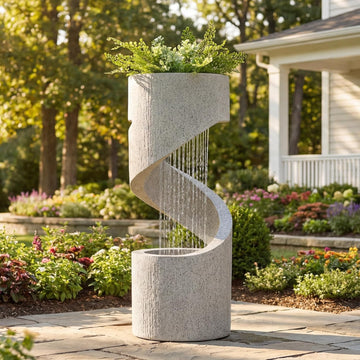 Outdoor Water Fountain with LED Light, Decorative Tiered Curved Waterfall Fountain with Stone Planter, Faux Terrazzo