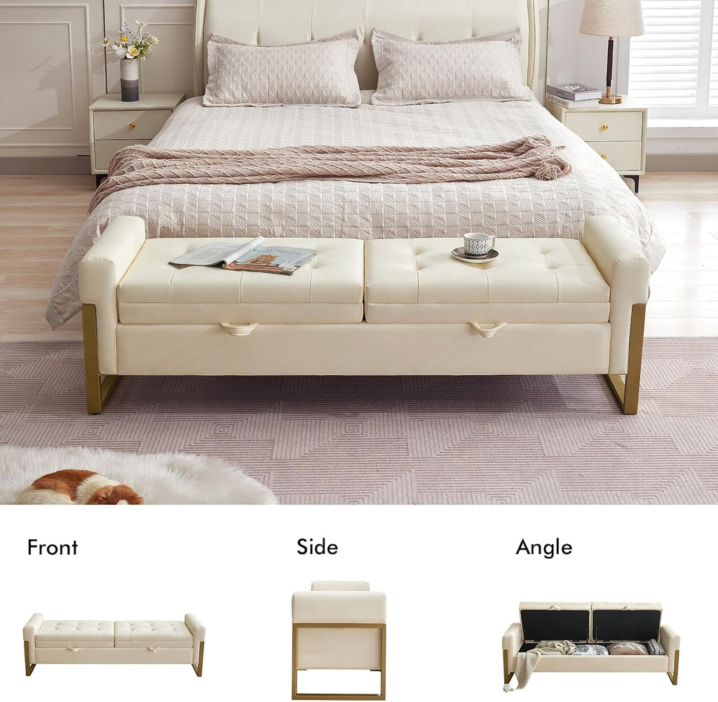 67" Storage Bench End of Bed King Size, Light Cream | Double Lids, Upholstered Faux Leather Storage Bench with Golden