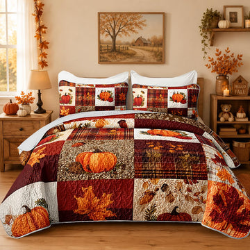 Pumpkin Maple Leaves Plaid Patchwork Quilt with 2 Pillowcases.
