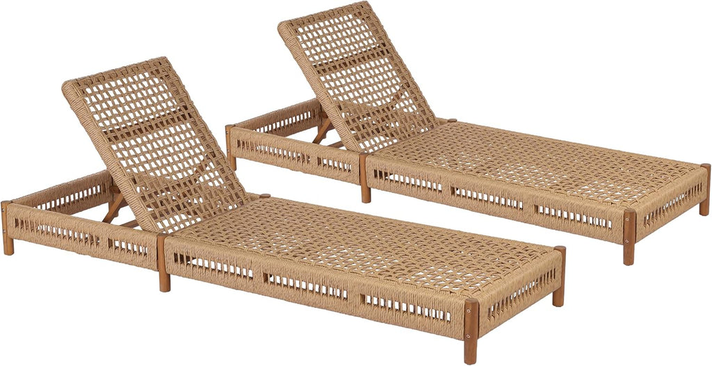 Acacia Wood Chaise Lounge Chair Outdoor Set of 2, Poolside Sun Lounger Recliner with Wicker Seat, Patio