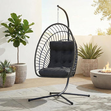 Hanging Egg Chair with Stand Indoor Outdoor, Foldable Rattan Wicker Hammock Egg Swing Chair Porch Patio Garden