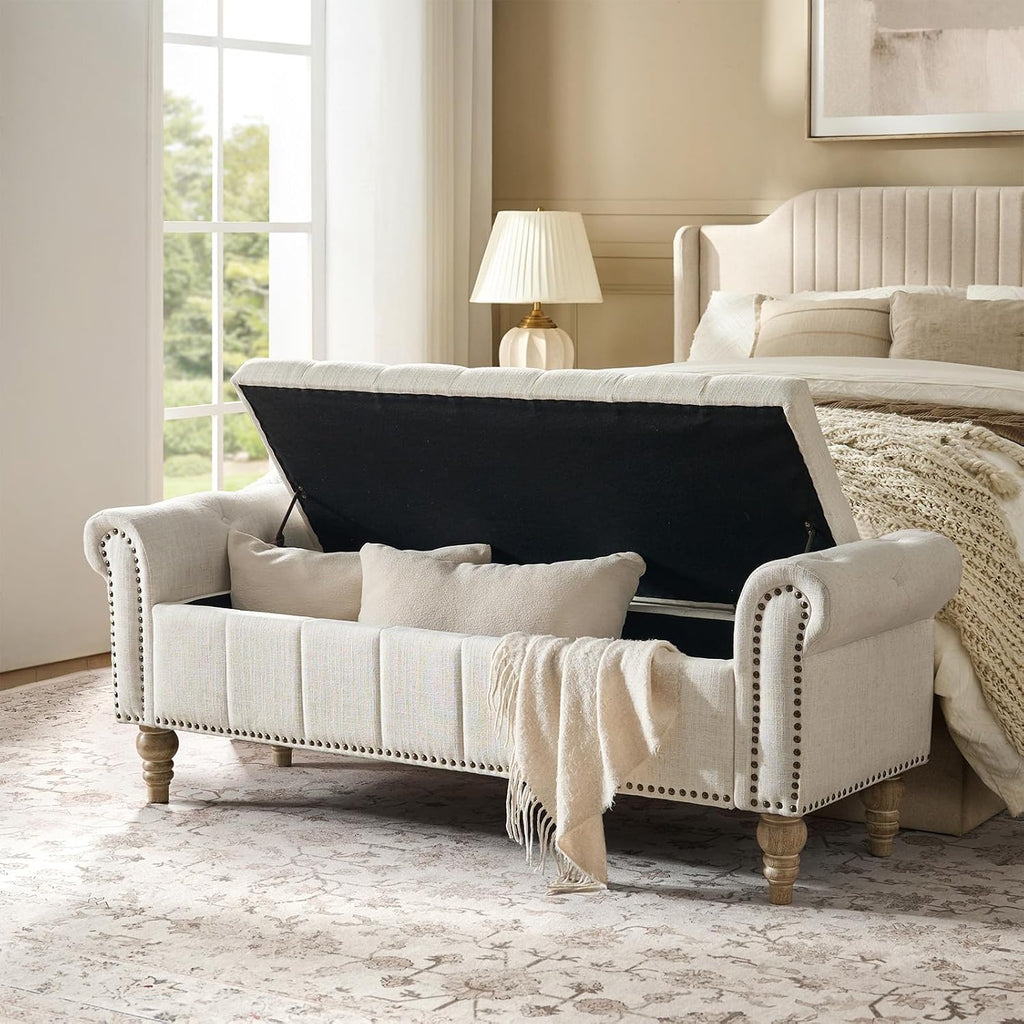 58.5" Long Storage Bench with Rolled Arms & Button Tufted Seat, Upholstered End of Bed Bedroom Benches with Nailhead