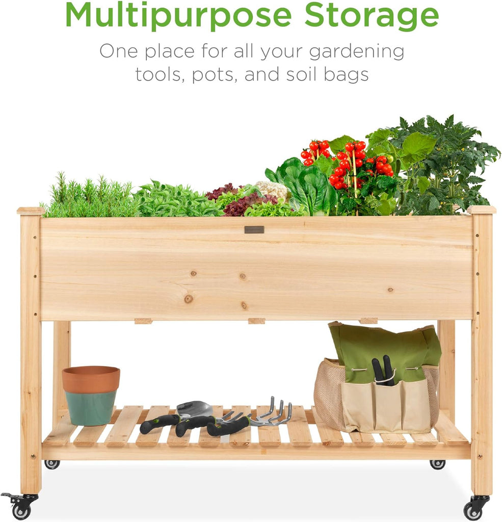 Best Choice Products Raised Garden Bed 48x24x32-inch Mobile Elevated Wood Planter w/Lockable Wheels, Storage Shelf