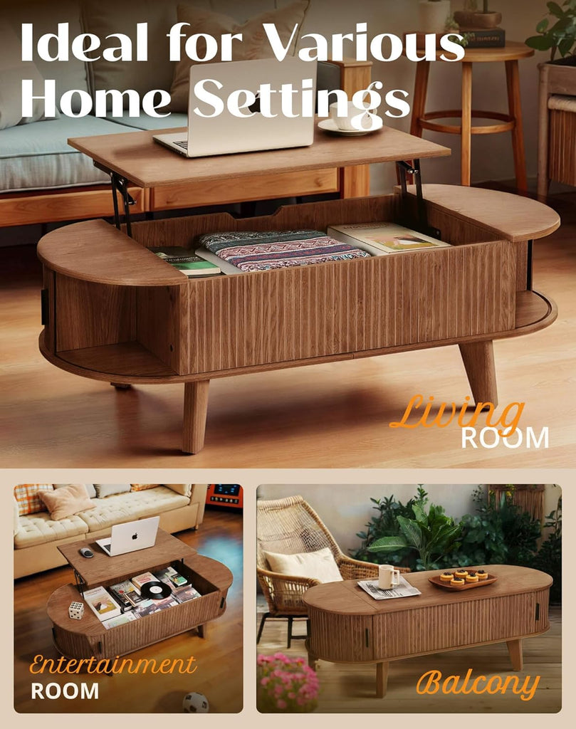 Oval Lift Top Coffee Table with Storage, 47.2" Mid Century Modern Living Room Center Table with 180° Sliding Tambour