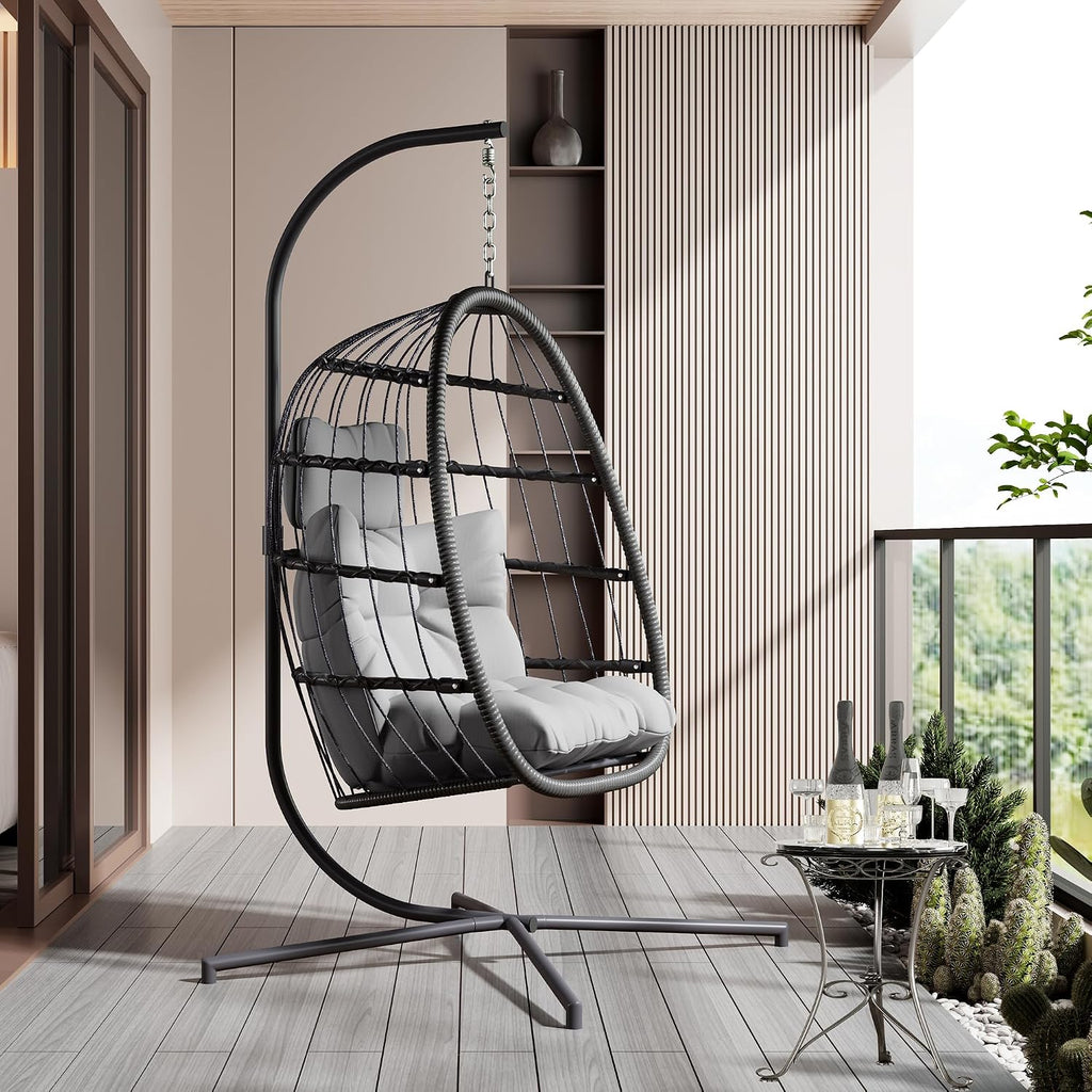 Hanging Egg Chair with Stand, Patio Wicker Egg Swing Chair with Cushion Garden Indoor Outdoor (Grey) | Patio Wicker