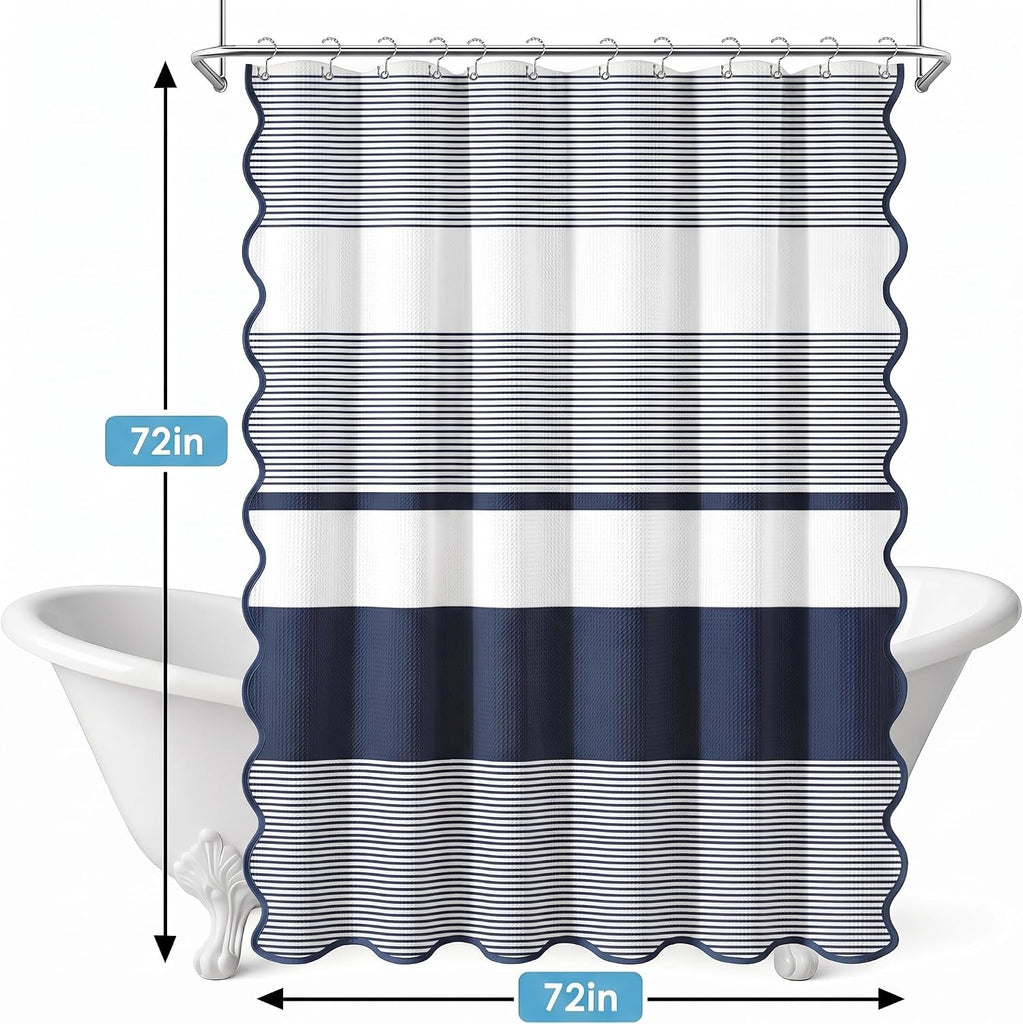 Scalloped Shower Curtain with PEVA Liner Set, Striped Navy Geometric Modern 3 in 1 Heavy Duty Waffle Weave Waterproof