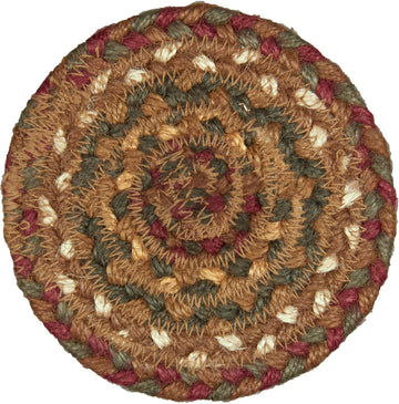 Tea Cabin Jute Coaster Set of 6 Log Cabin Country Rustic Lodge Kitchen Tabletop Design, Moss Green and Deep Red