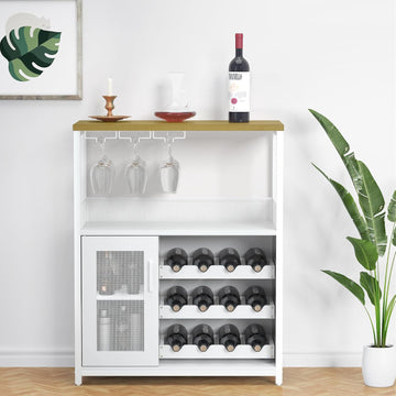 Wine Bar Cabinet with Detachable Wine Rack and Storage Space | 3-Tier Buffet Cabinet with Glass Holder and Mesh Door