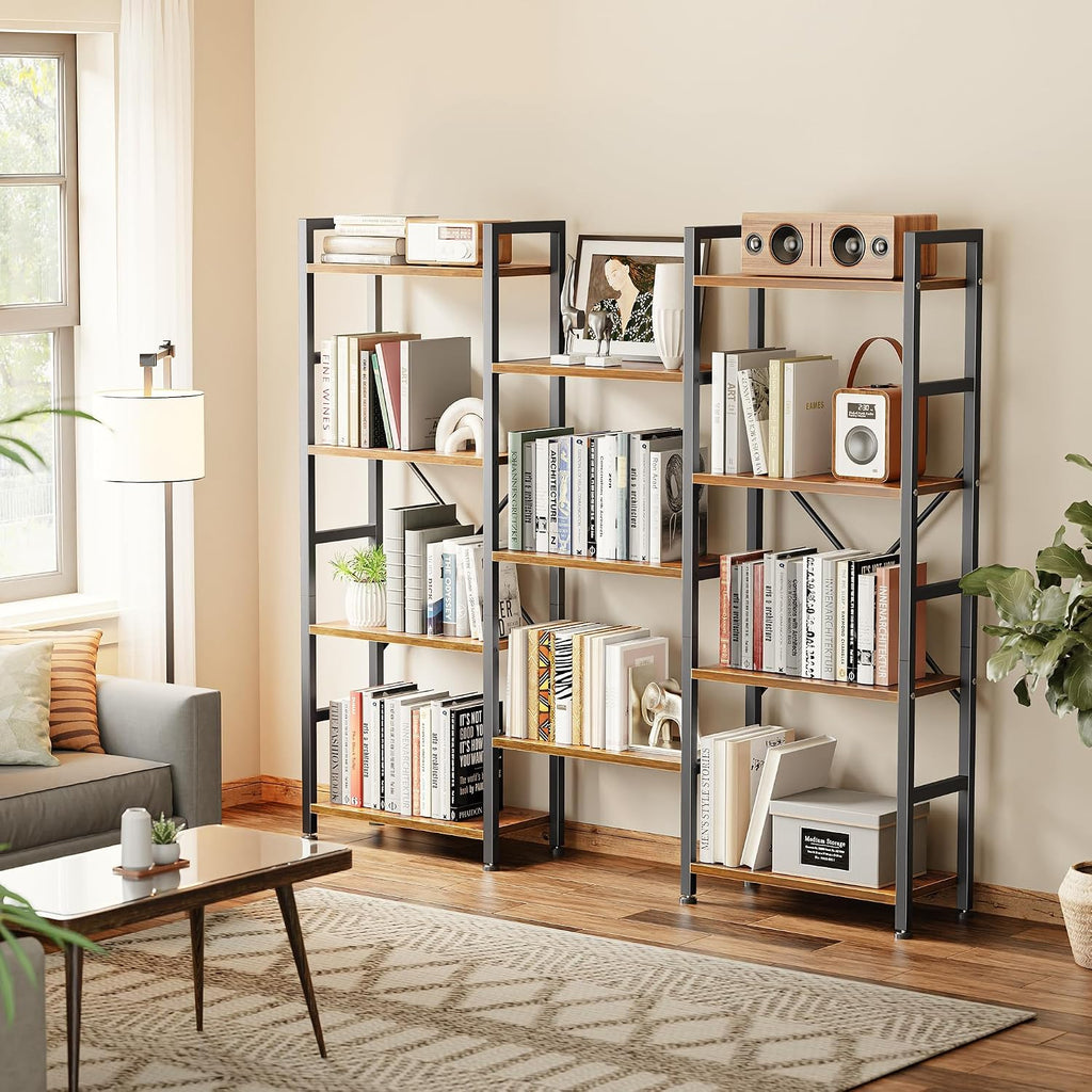 Triple Bookshelf, Bookcase with 11 Open Display Shelves, Wide Book Shelf Book Case, 4 Tier, Brown,ABC009Z