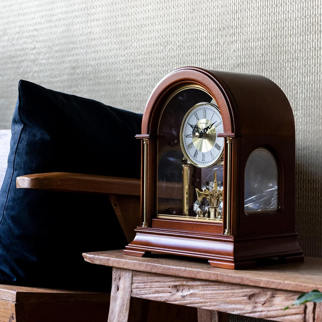 Wooden Mantel Clock TCW001DB Rotating Pendulum and Crystals Desktop Musical Hourly Chime Luxury Style for Bedroom, Home, Kitchen