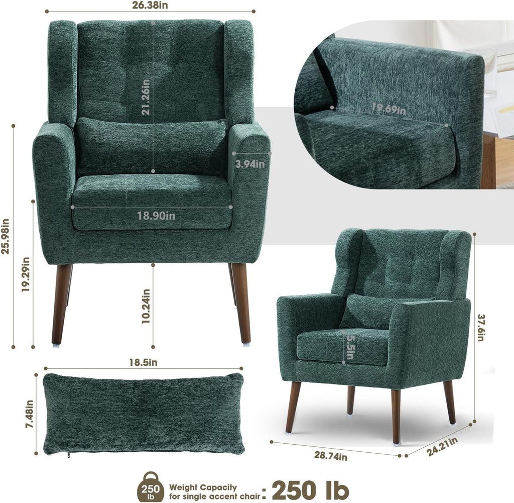Accent Arm Chairs , Chenille Upholstered Mordern Armchair, Comfy Soft Padded Lounge Chair , Pillow, Solid Wood Leg