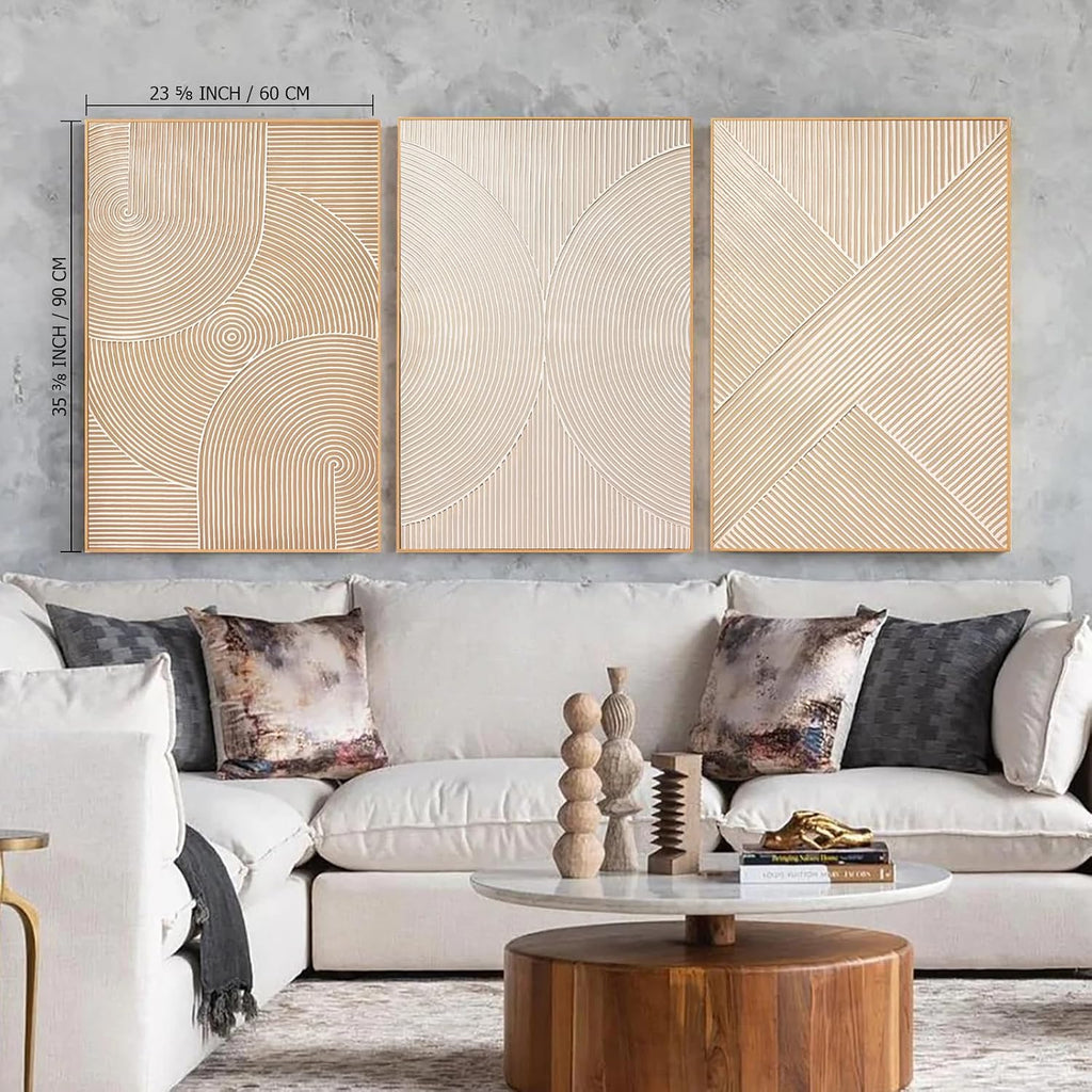 Large Textured 3D Wall Art Neutral Set of 3- and-Painted Abstract Canvas Framed Paintings Brown - Modern