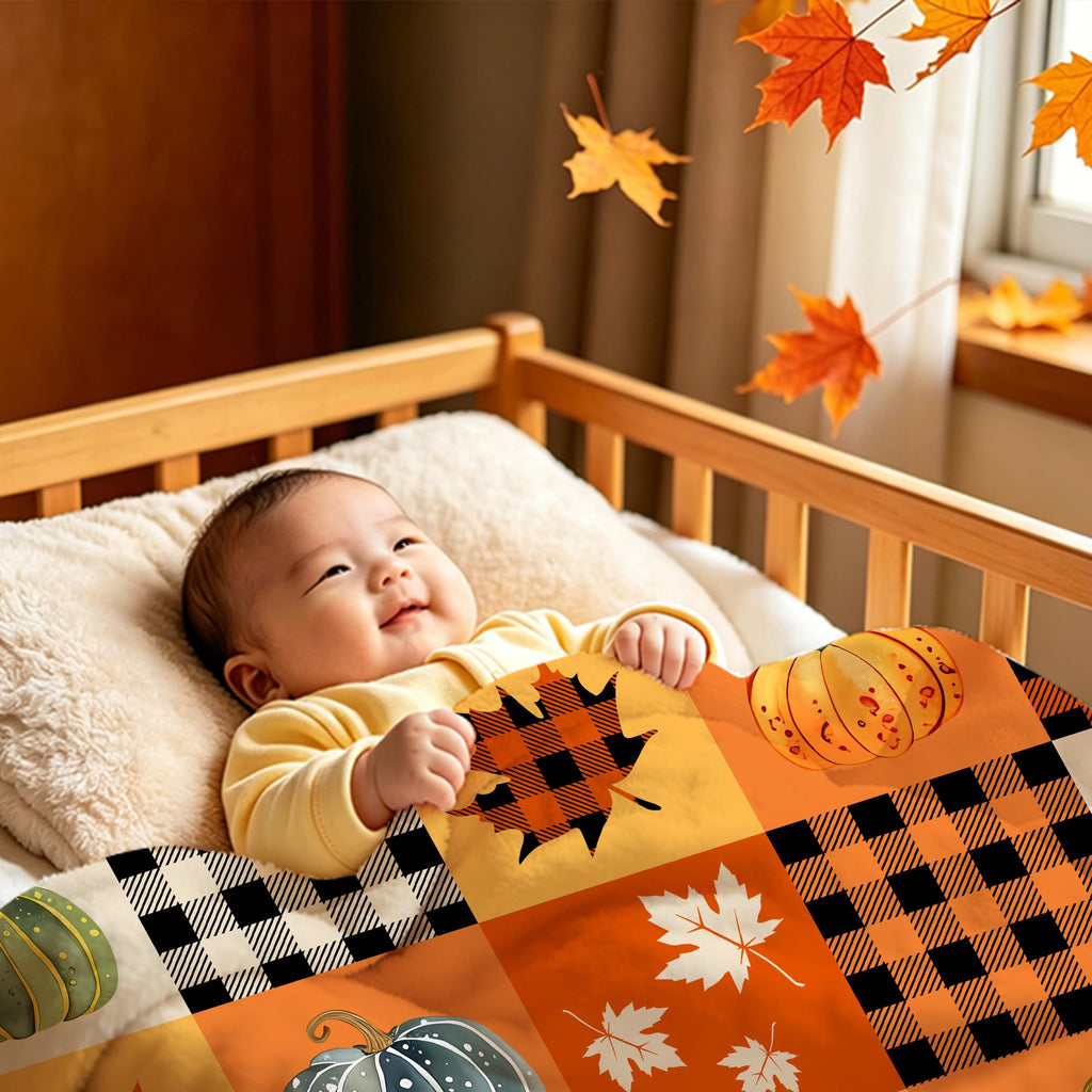 Fall Pumpkin Buffalo Plaid Throw Blanket, 60"x70" Autumn Maple Leaf Patchwork Soft Fleece Blanket for Sofa Couch Home