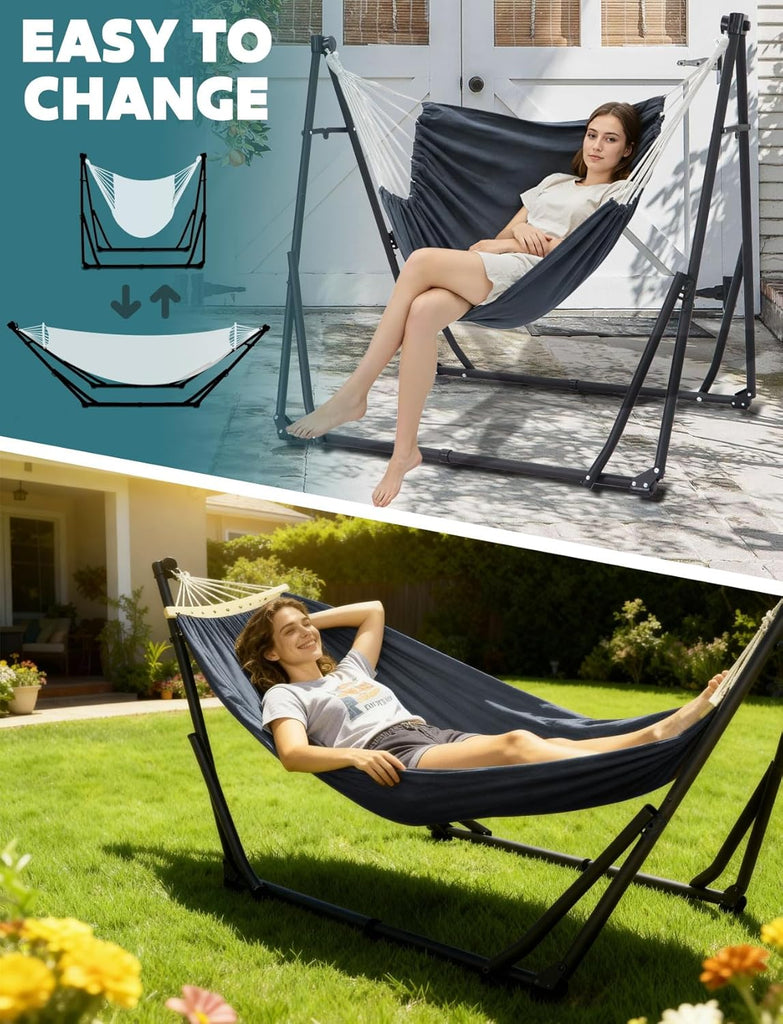 2-in-1 Hammock & Chair Stand with Collapsible Steel Frame & Carry Bag | Tool-free Set up Multi-angle & Height