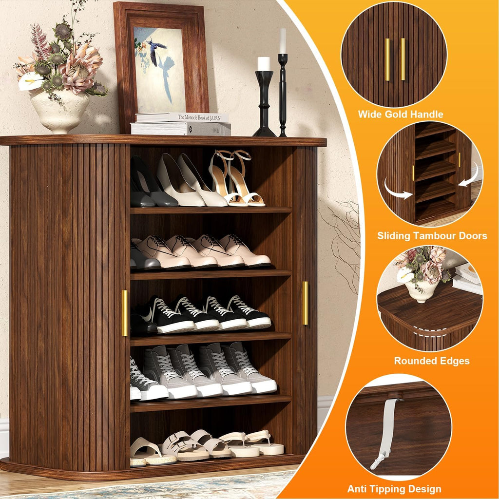 5-Tier Sliding Door Shoe Cabinet, Adjustable Shelves Wooden Shoe Storage with Gold Handle, Mid-Century Modern