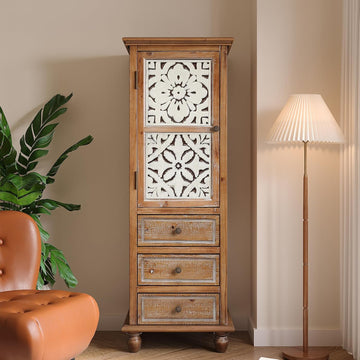 54" Weathered Solid Timber Freestanding Storage Chest, Accent Cabinets with Hollow Cut Magnetic Door, Utility