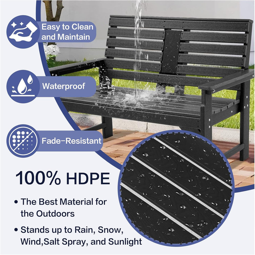 Outdoor Bench, HDPE 2-Person Garden Bench with Cup Holders | Weatherproof Patio Bench with Backrest & Armrests, 700