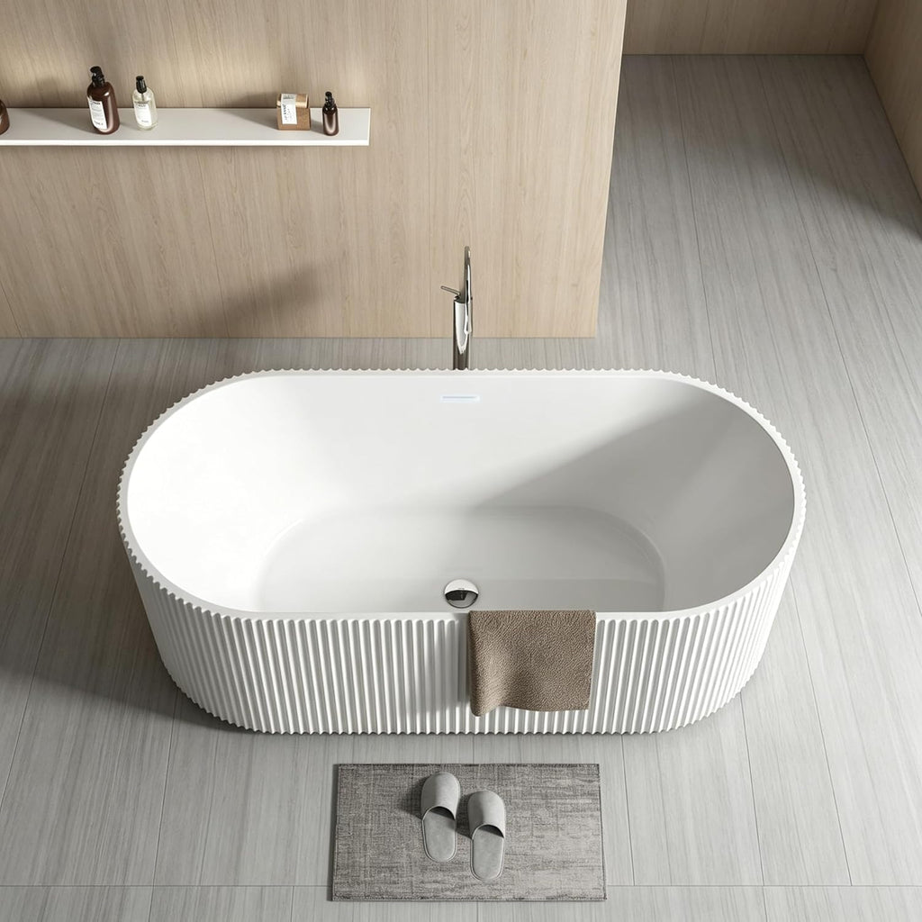 59 Inch Acrylic Freestanding Bathtub, Deep Soaking Tub with Non-Slip Base, cUPC Certified Free Standing Tub, Chrome