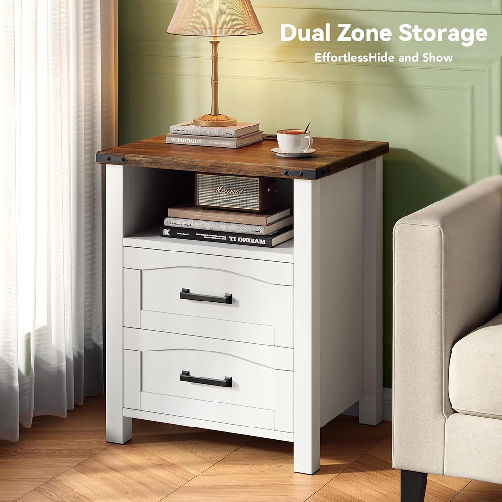 Farmhouse Nightstand Set of 2 with Charging Station, 18'' Wide Rustic End Table with USB/Type-C Ports, 2 Drawers &