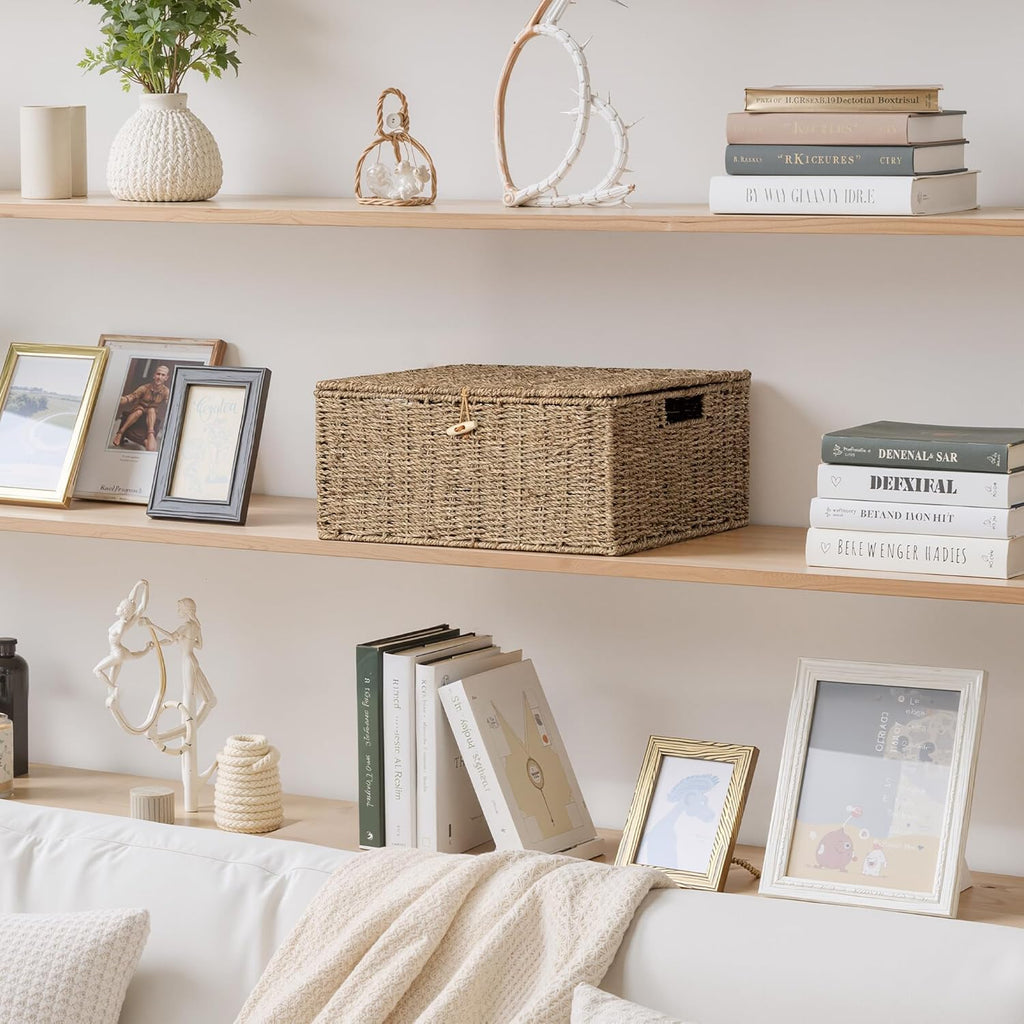 Extra Large Wicker Baskets with Lid for Organizing, Seagrass Storage Baskets for Shelves, Decorative Box with