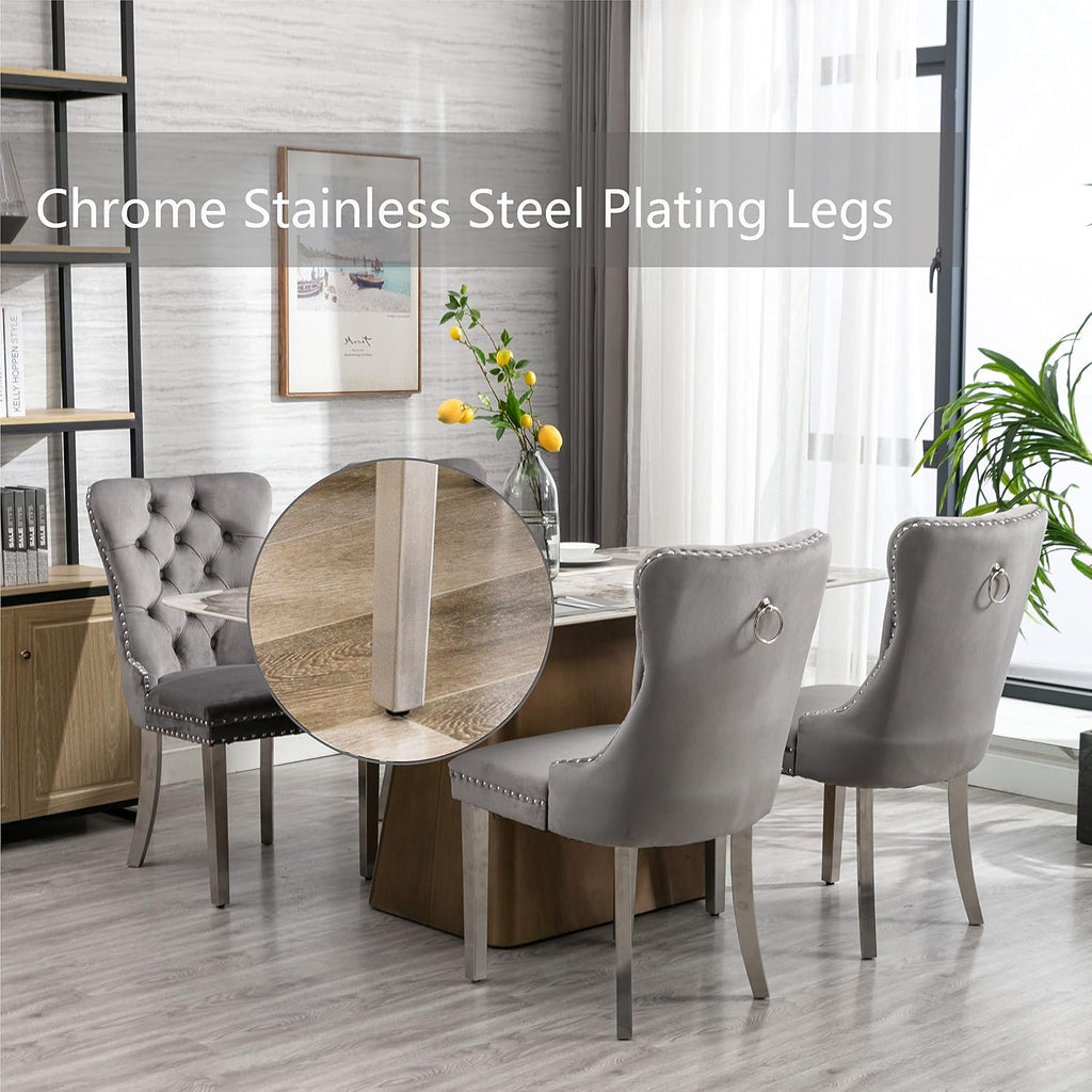 Grey Velvet Dining Chairs Set of 4, Tufted Back, Silver Metal Legs | Ring pull; wing back; nailhead trim; spring and