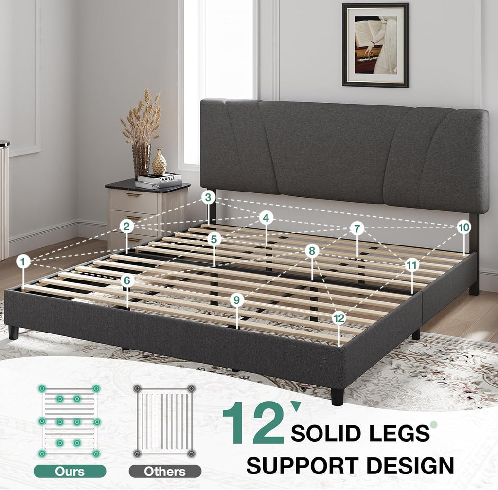 King Bed Frame and Headboard, Linen Upholstered King Bed Frame with Wood Slats Support, No Box Spring Needed