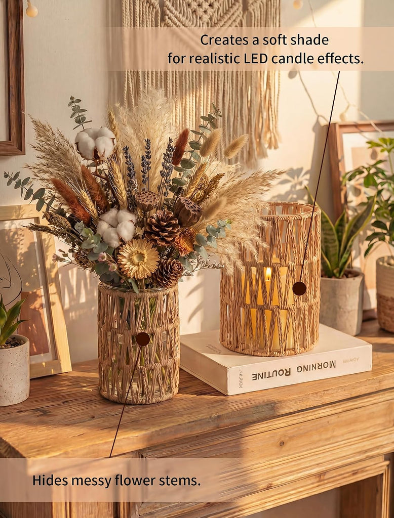 Rattan Boho Hurricane Lanterns: Set of 2 Pillar Candle Holders with Glass Cylinders- Farmhouse Vases Coffee Table
