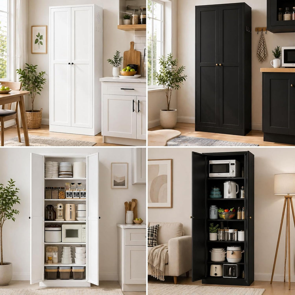 Kitchen Pantry Cabinet,61" White Pantry Storage Cabinet with 4 Tier Adjustable Shelves and 2 Doors,Freestanding