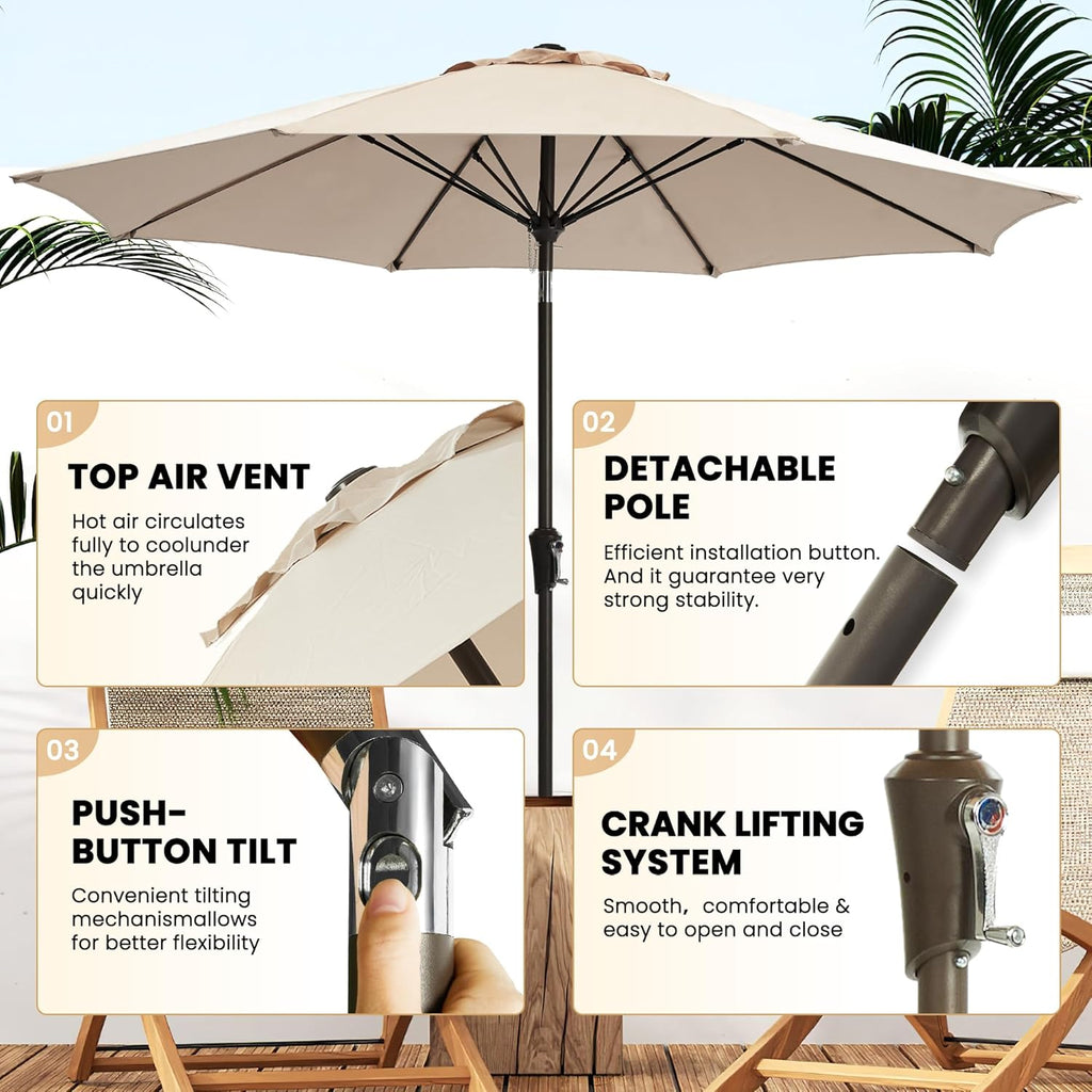9FT Large Outdoor Patio Umbrella Market Table Umbrella-UV Resistant, Easy Push Button Tilt and Crank - Beige