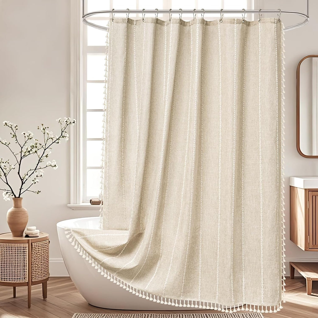 Boho Farmhouse Linen Shower Curtain with Tassels, Heavyweight Soft Fabric Shower Curtain Beige Water Repellent, 72 x