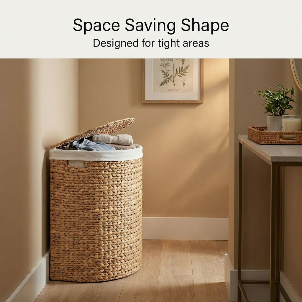 TM Water Hyacinth Laundry Hamper with Lid Stylish Half Moon Basket | Removable Liner and Lid, Handwoven, With