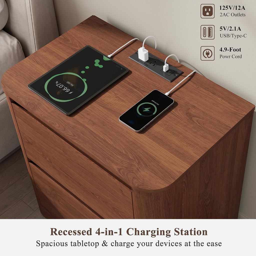 Walnut Nightstand with Charging Station, 23.6" Modern Night Stand with Unique Thickened Foot and 2 Storage Drawers
