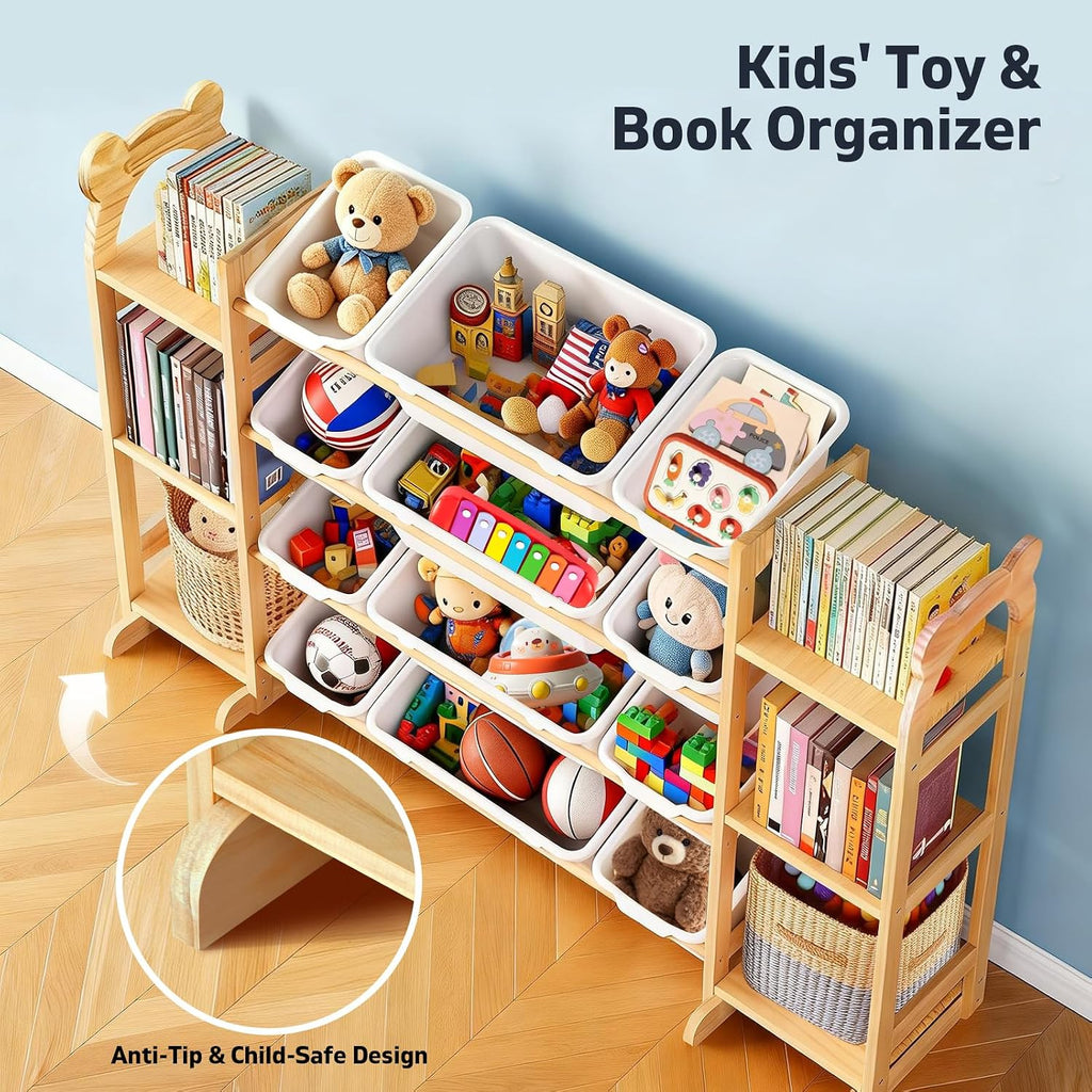Toy Storage Organizer with 6 Shelves and 12 Bins, Toy Organizers and Storage Shelf with Bookshelf and Bookcase, Toys