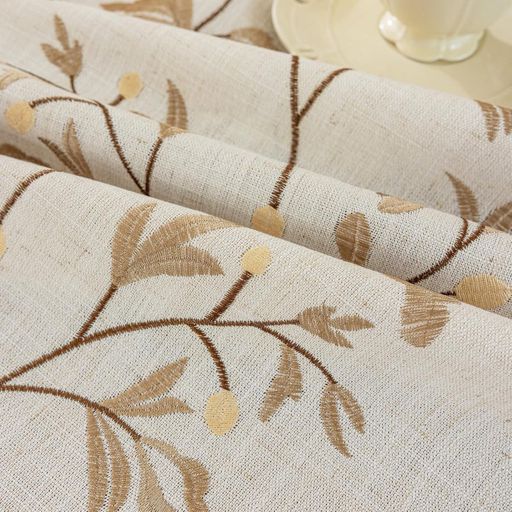Rustic Waterproof Linen Tablecloth, Heavy Weight Beige Embroidery Table Cloths for Rectangle Tables,