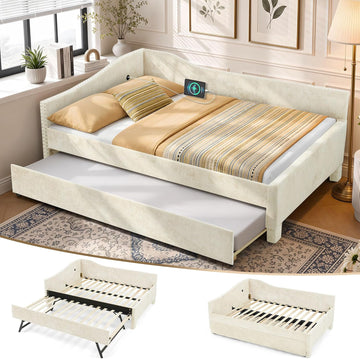 Full Daybed with Pop Up Trundle, Full Size Day Bed Frame, USB Port, Beige | Chenille L-Shaped Corner Bed Frame