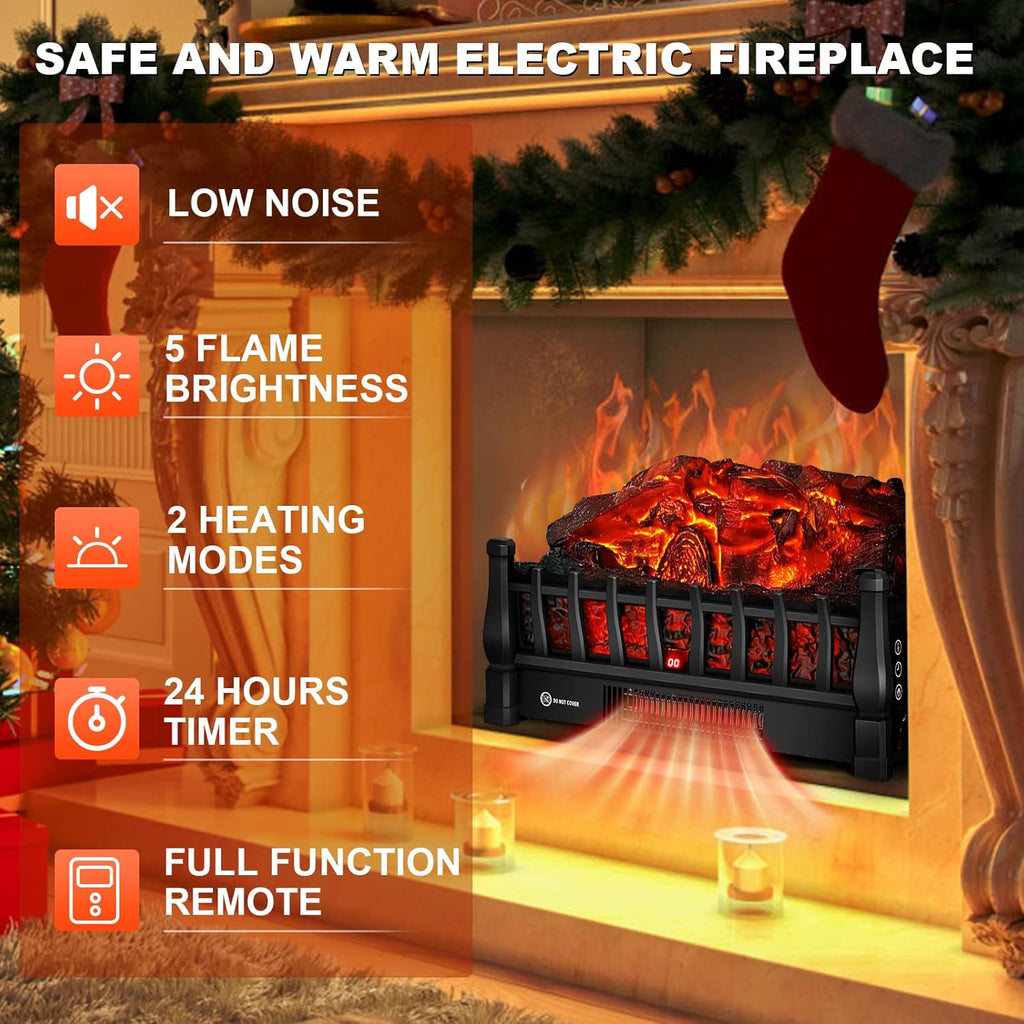Electric Fireplace Logs Inserts Heater with Infrared Remote Controller 5 Flame Brightness 24 H Timer Overheating