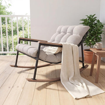 Outdoor Papasan Rocking Chair, All-Weather Rocking Chair with Thickened Cushion, Comfy Patio Reading Lounge for