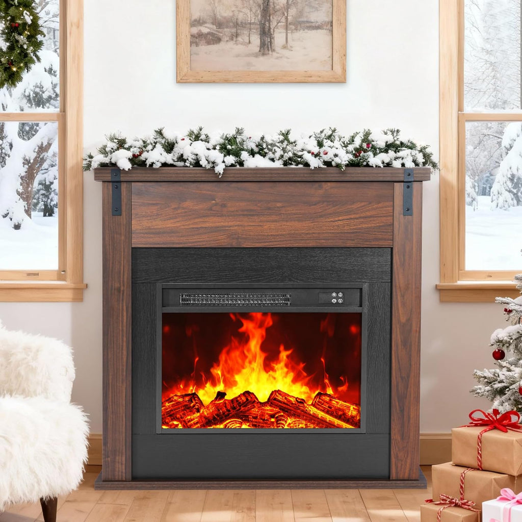 36" Modern Freestanding Electric Fireplace with Mantel, Minimalist TV Stand Electric for Living Room, Bed Room, Walnut