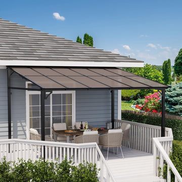 10x12ft Lean to Metal Pergola Gazebo with Hardtop Polycarbonate Roof, Wall Mounted Outdoor Pergolas for Patios