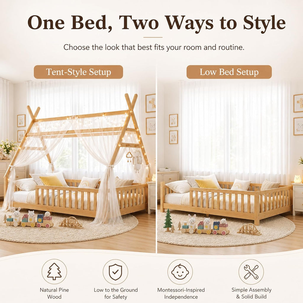 Full Size Montessori Floor Bed with Guardrails and LED Light, Tent-Shaped Full House Bed for Kids, Wood Full Bed