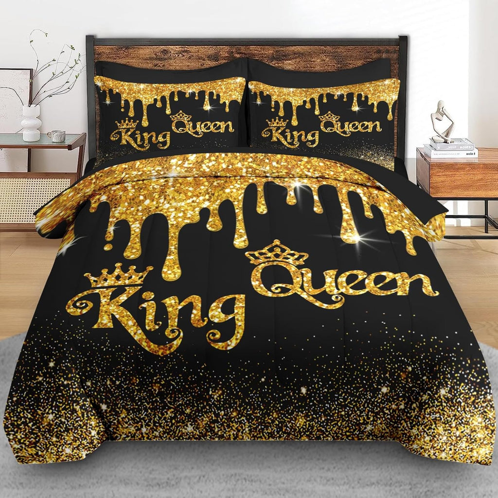 Comforter Set, Black Gold Crown 7 Pcs Bedding for Kids and Adults
