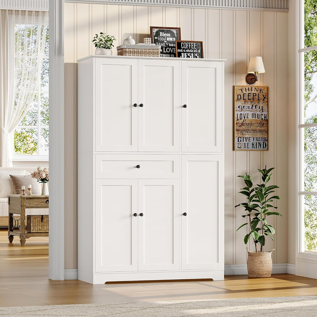 68" Tall Kitchen Pantry Storage Cabinet with Doors & Shelves, White | Large Pantry Cabinet with Door Rack