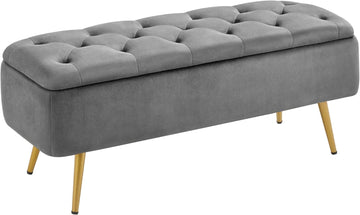 43in Velvet Storage Ottoman Bench End of Bed, Gray | Button-Tufted Ottoman Bench with 1.9C Storage Space, Tapered