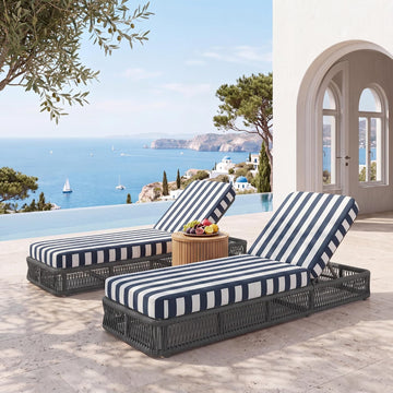 Outdoor Chaise Lounge Chair, 6-Pos Recliner, 2-Pack, Gray/Stripe Blue | 6 Adjustable Backrest Pool Lounge Chair