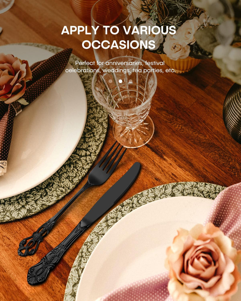 60 Pcs Black Silverware Set, Gorgeous Retro Royal Silverware Set for 12, Stainless Steel Mirror Flatware Cutlery Set