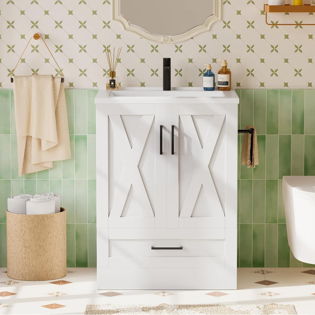 24" Bathroom Vanity with Sink, Bathroom Storage Vanity Sink Cabinet with 2 Doors ＆ 1 Drawer Space